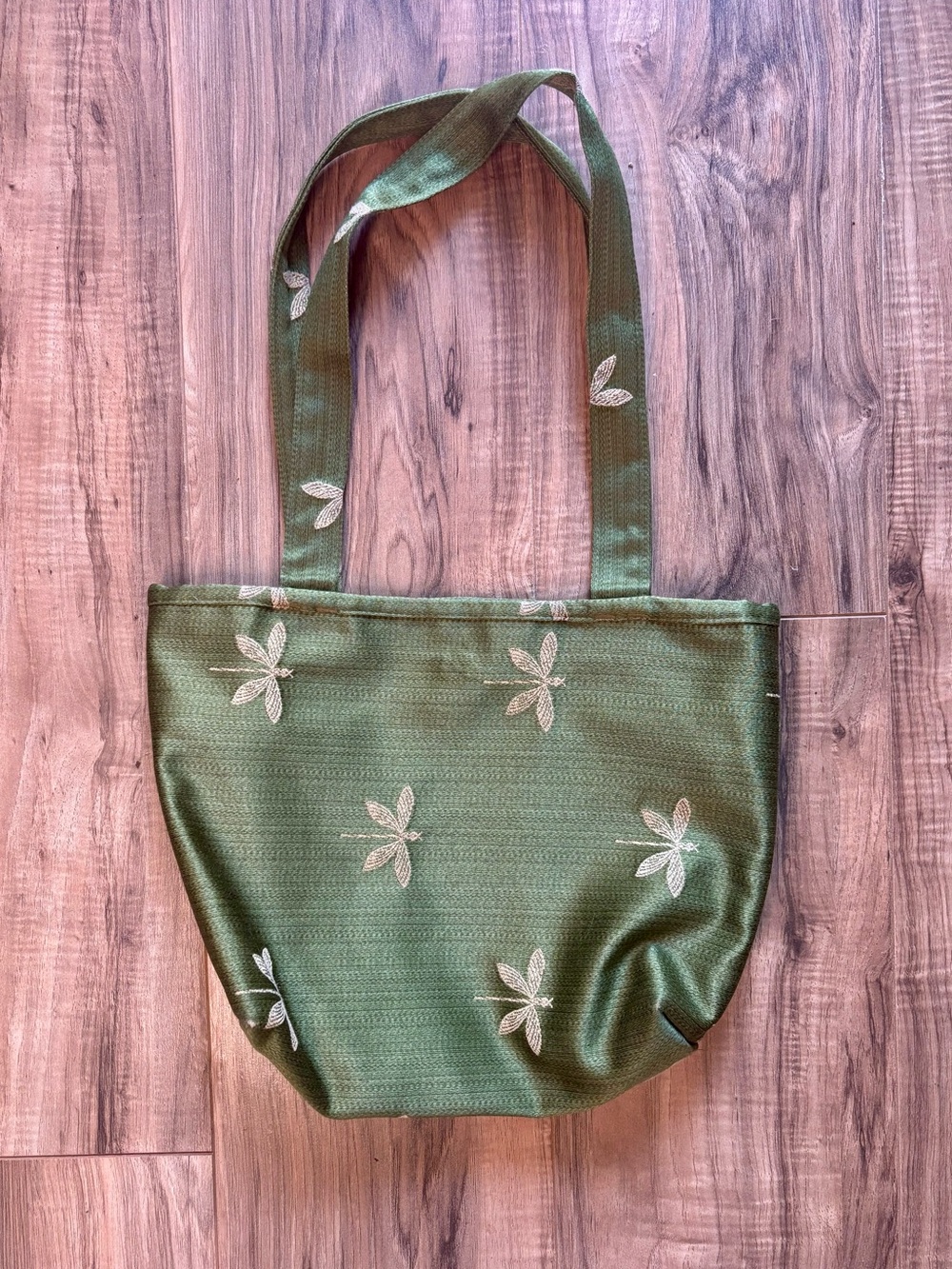 Sally Spicer Small Dragonfly Tote Bag Olive Green Embroidered Red Lining